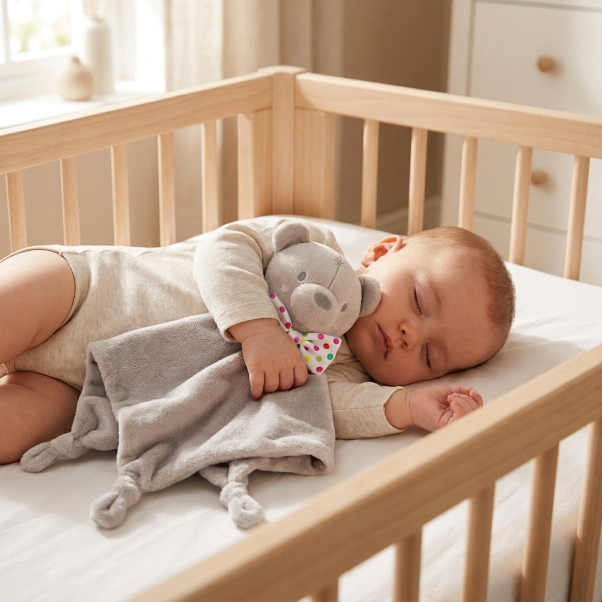Bebé durmiendo con el Tuto de Apego Osito Gris INFANTI