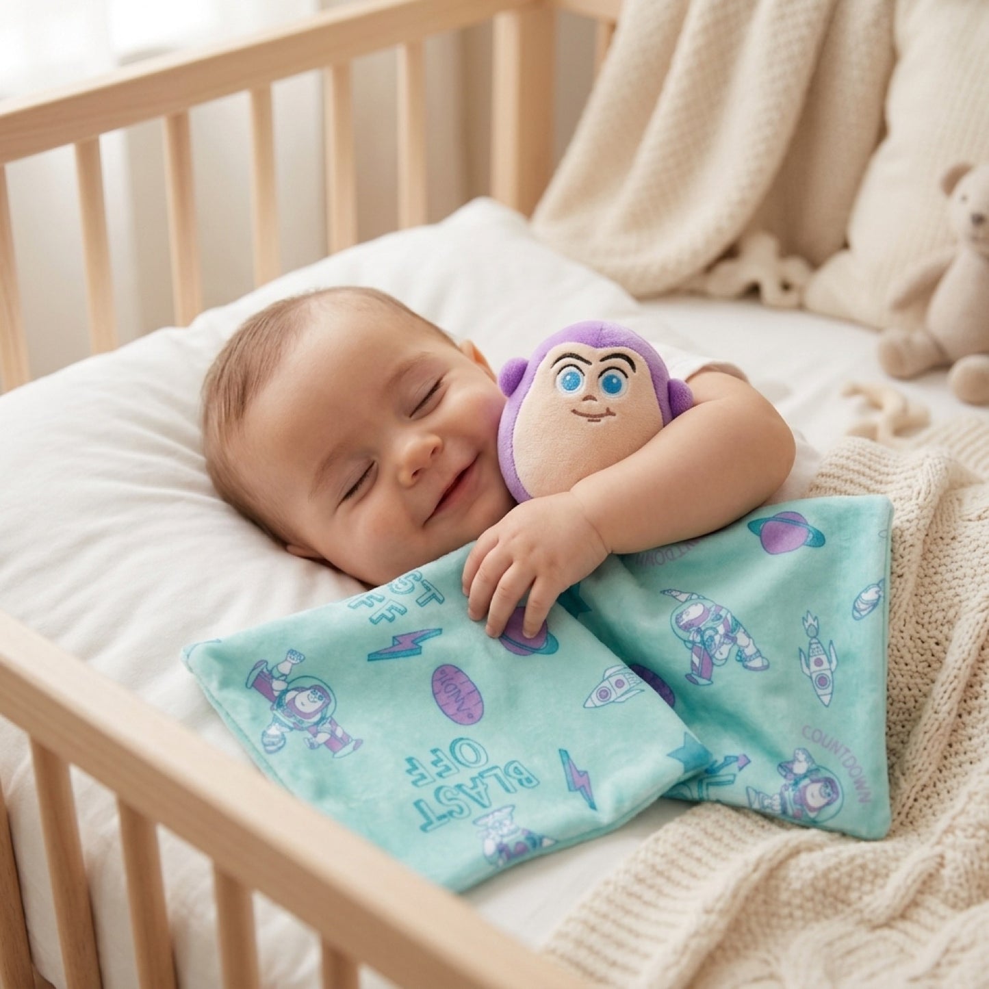 Bebé en la cuna abrazando el tuto de apego Buzz Lightyear