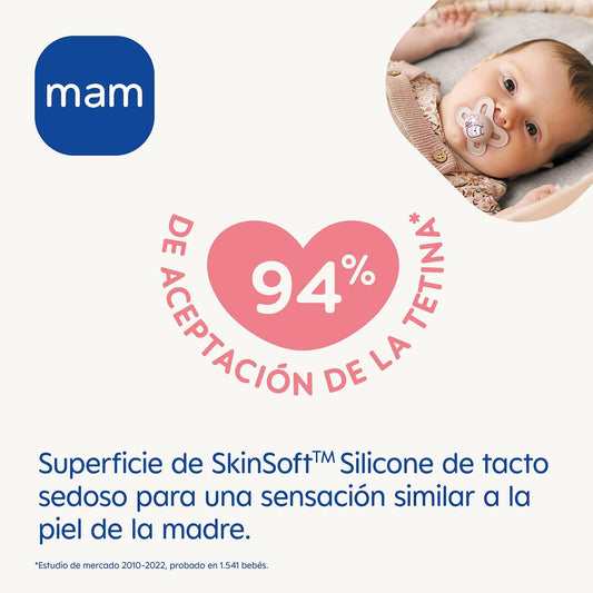 2 Chupetes de Silicona SkinSoft MAM Original con Caja Esterilizadora, 2-6m+