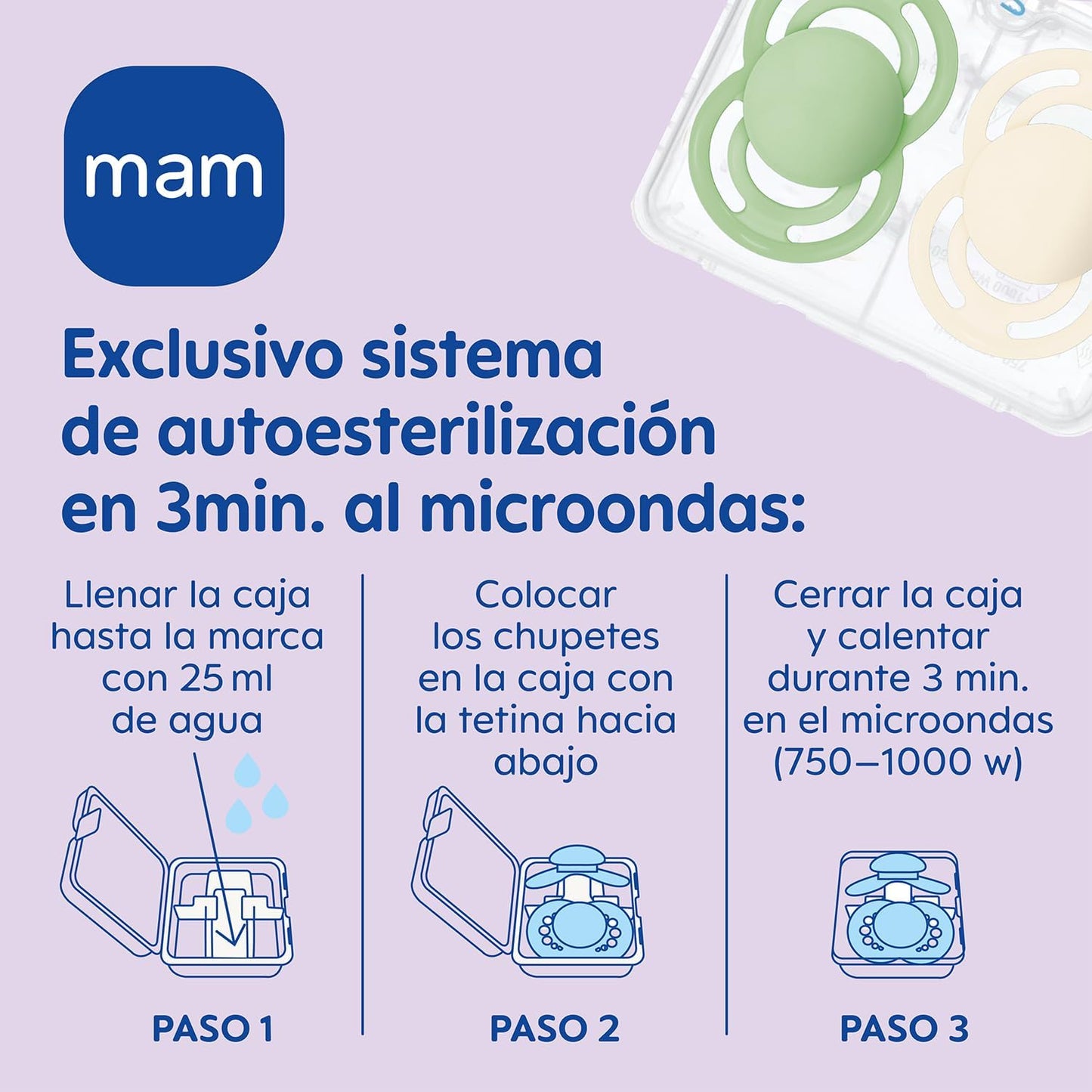 2 Chupetes de Silicona SkinSoft MAM Crystal con Caja Esterilizadora, 6 Meses +