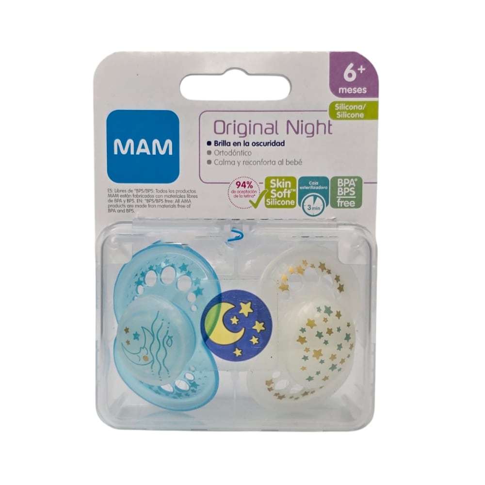 2 Chupetes Nocturnos Silicona SkinSoft MAM Original Night 6 meses+