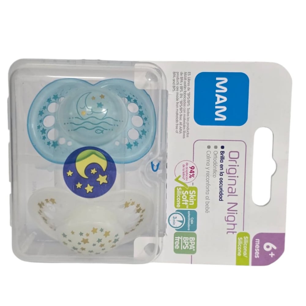 2 Chupetes Nocturnos Silicona SkinSoft MAM Original Night 6 meses+