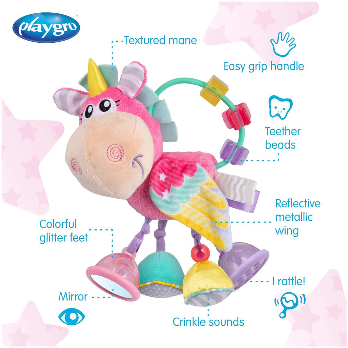 Sonajero Unicornio con Actividades PLAYGRO Clip Clop Rosado
