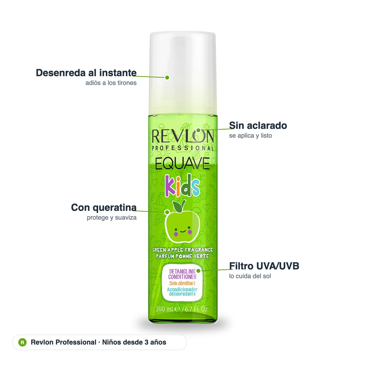 Acondicionador Equave Kids: desenreda al instante, sin aclarado, con queratina y filtro UVA/UVB