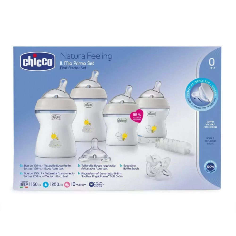 Set Recién Nacido Natural Feeling 4 Mamadera más chupete CHICCO