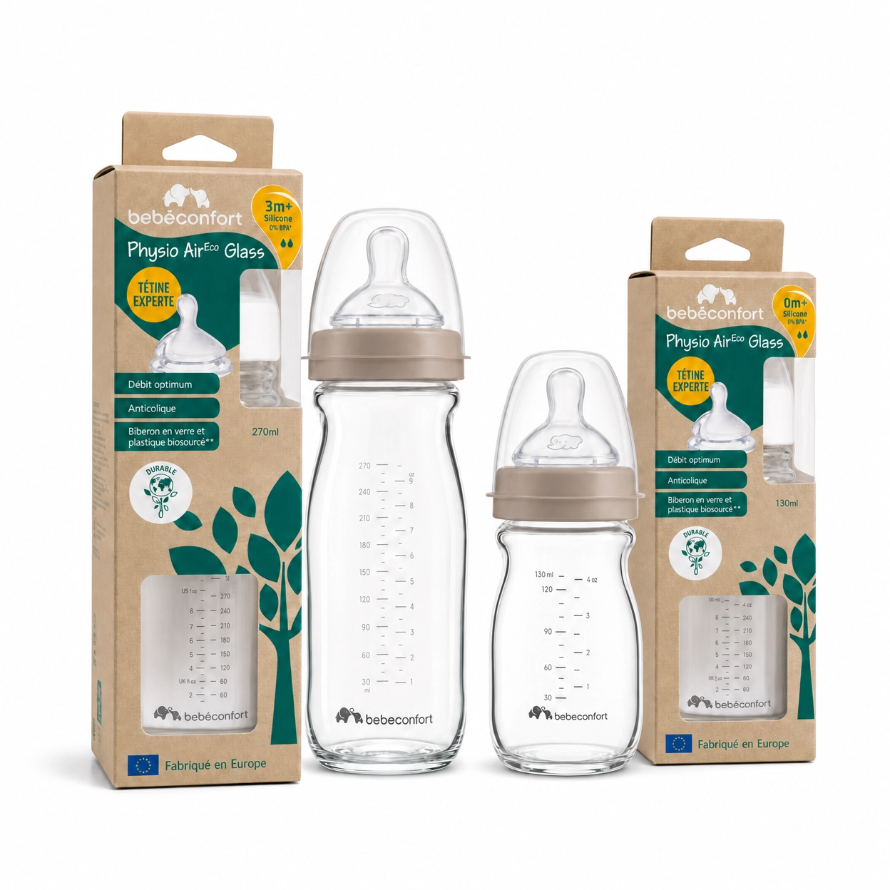 Pack 2 Mamaderas BEBE CONFORT Vidrio Physio Aircare 130+270ml