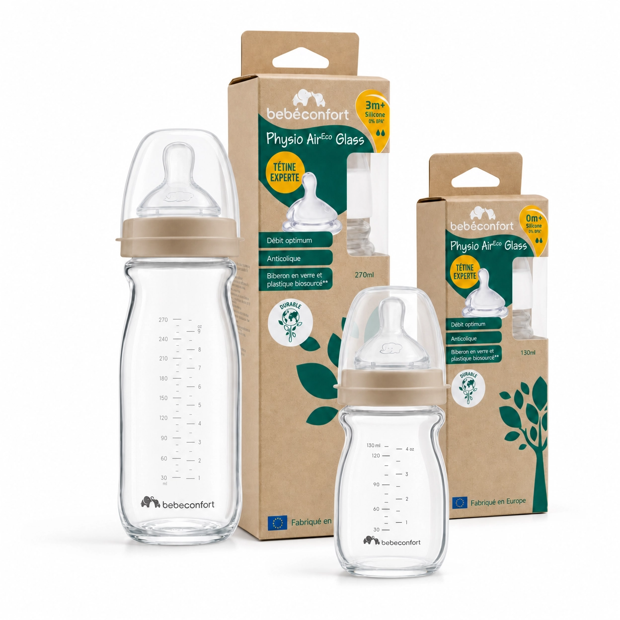 Pack 2 Mamaderas BEBE CONFORT Vidrio Physio Aircare 130+270ml