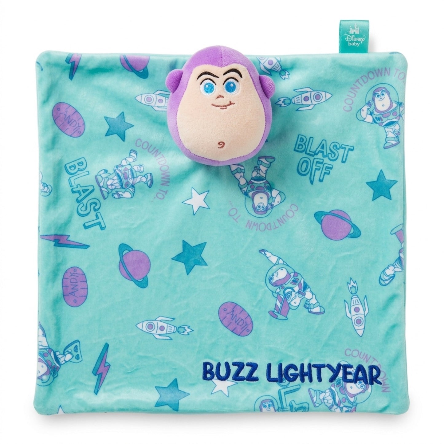 Detalle del estampado de Buzz Lightyear, el bordado BUZZ LIGHTYEAR y la etiqueta oficial Disney baby