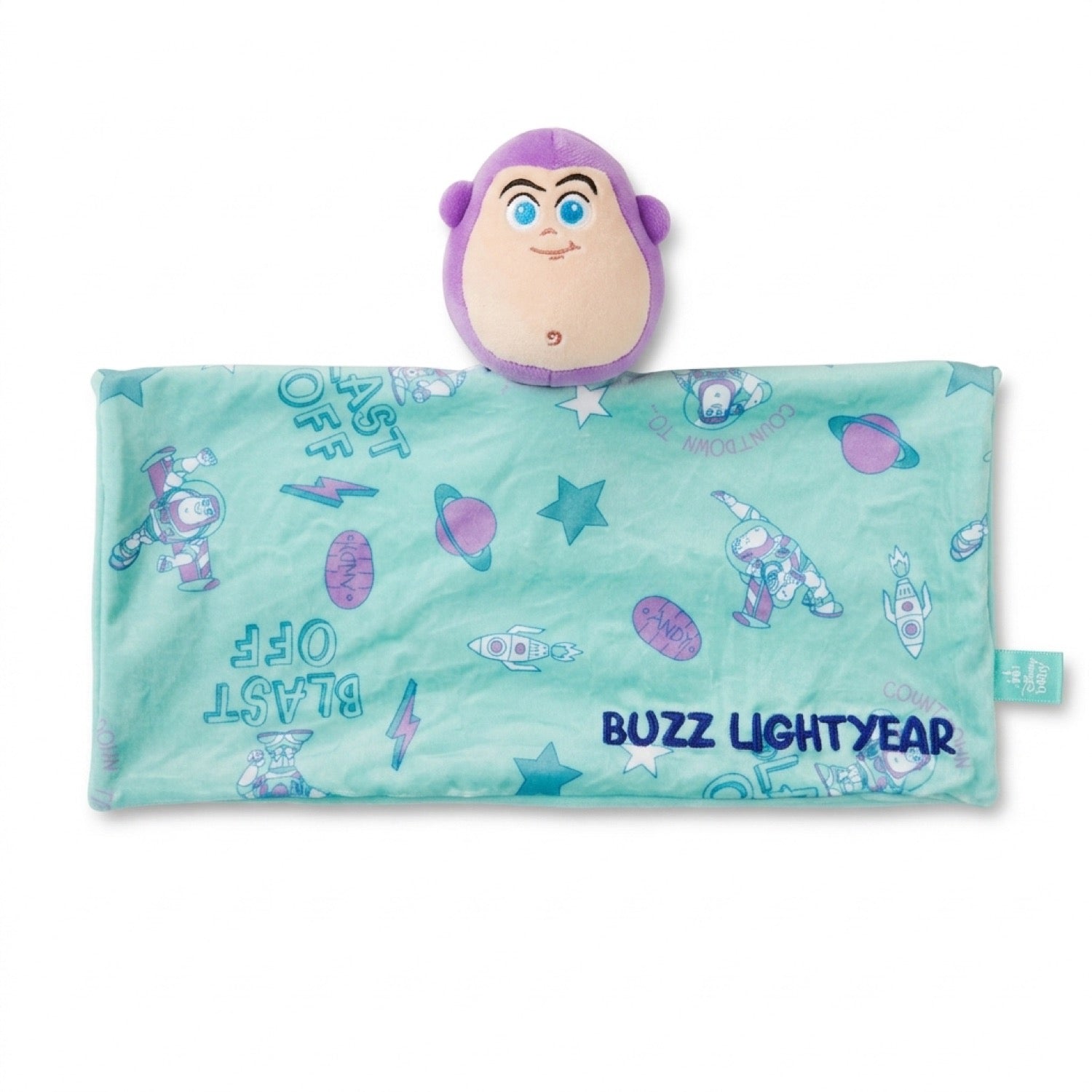 Tuto de apego Buzz Lightyear extendido: peluche y mantita turquesa con Buzz, cohetes y estrellas