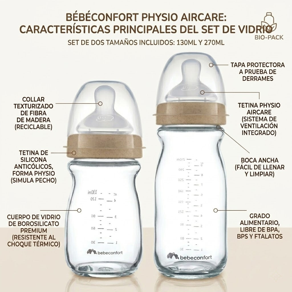 Pack 2 Mamaderas BEBE CONFORT Vidrio Physio Aircare 130+270ml