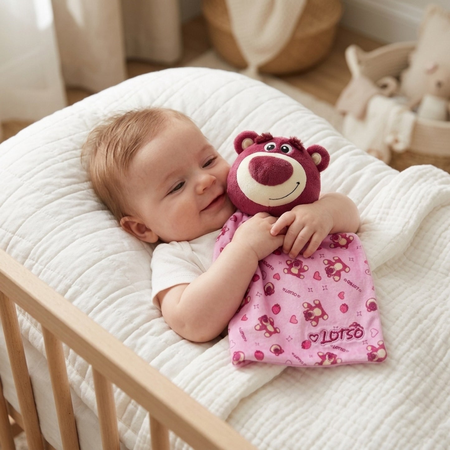 Bebé en la cuna abrazando el tuto de apego Lotso