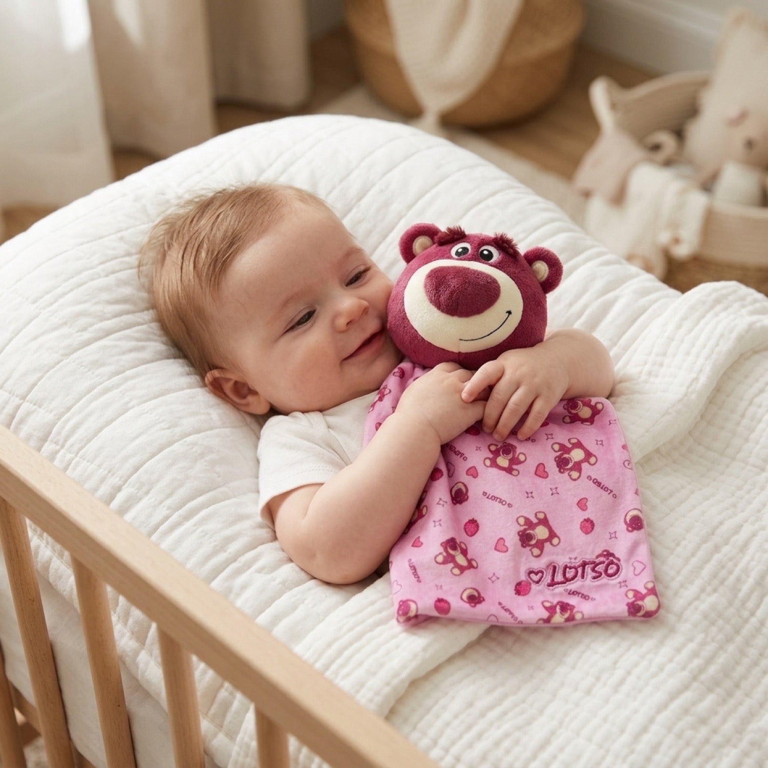 Bebé en la cuna abrazando el tuto de apego Lotso