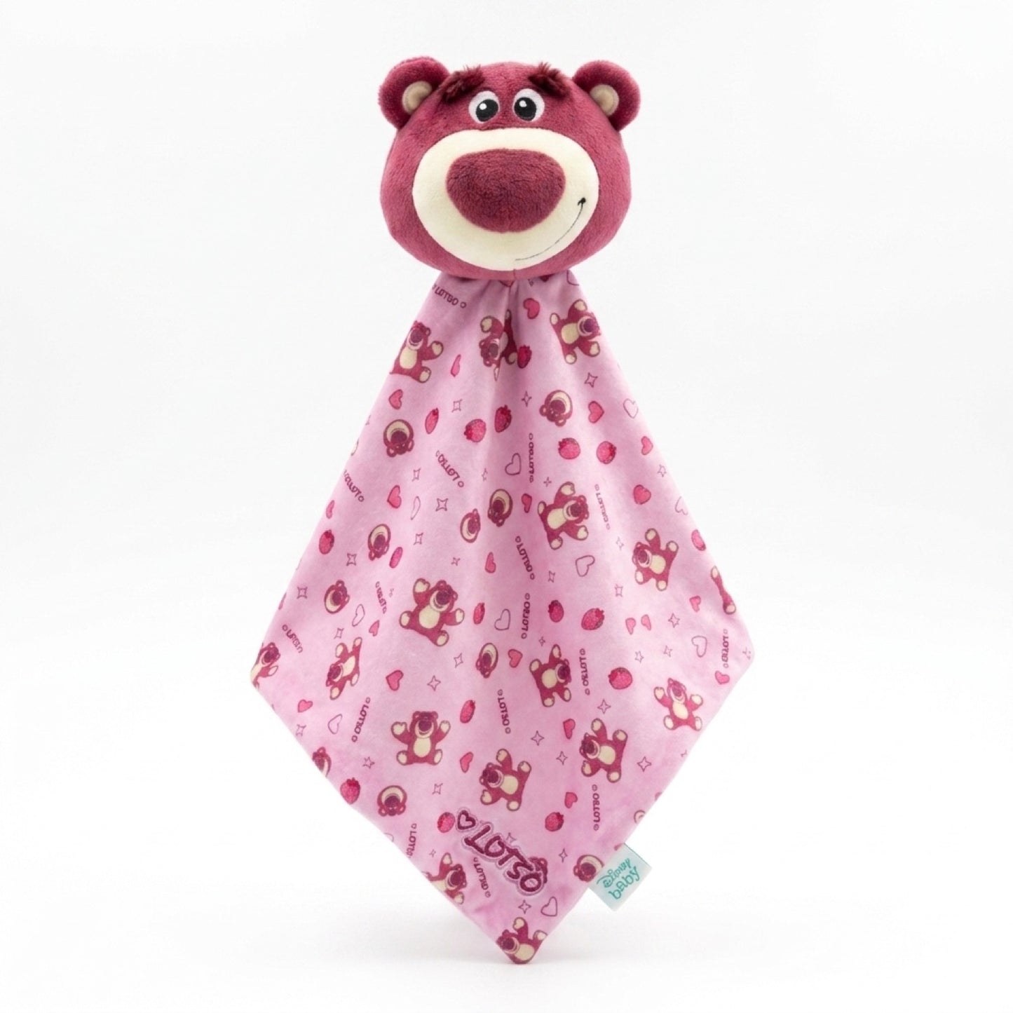 Tuto de apego Lotso Toy Story Disney baby colgando: peluche de Lotso arriba y mantita rosada de 32 x 32 cm