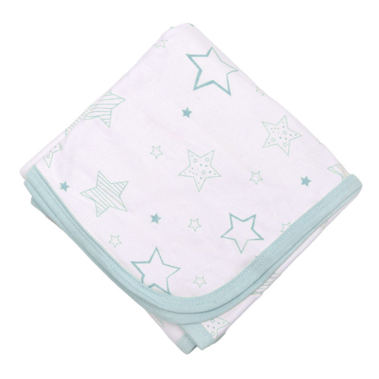 Manta de algodón Infanti celeste con estrellas y ribete mint, extendida