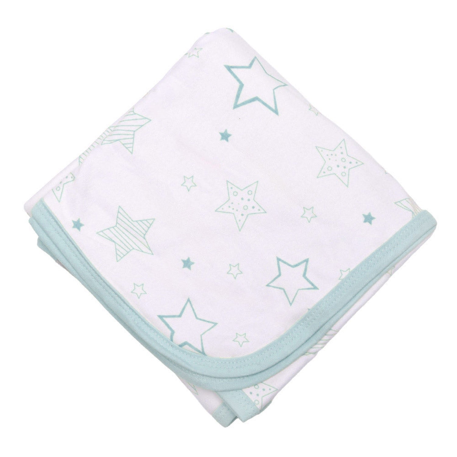 Manta de algodón Infanti celeste con estrellas y ribete mint, extendida