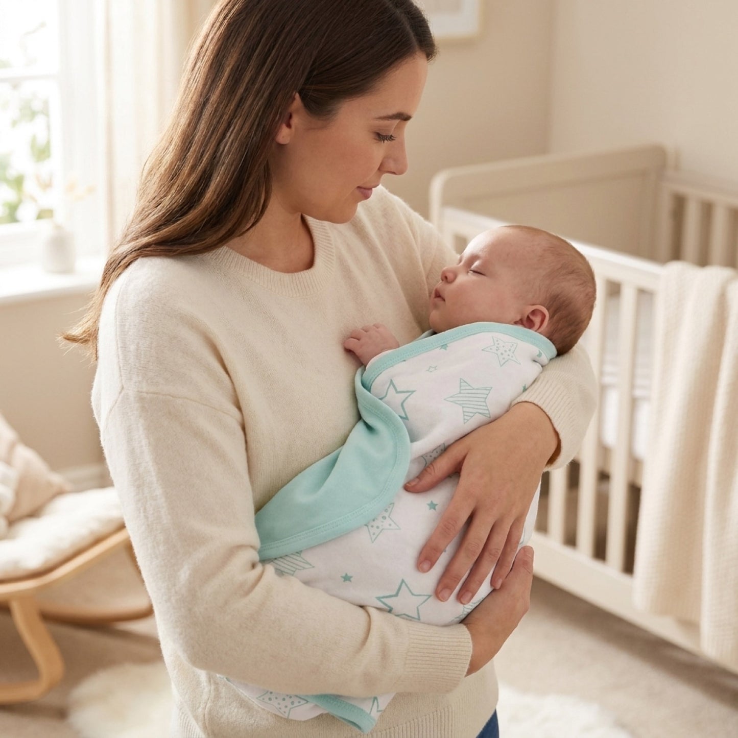Mamá sosteniendo a su bebé cubierto con la manta de algodón Infanti celeste de estrellas
