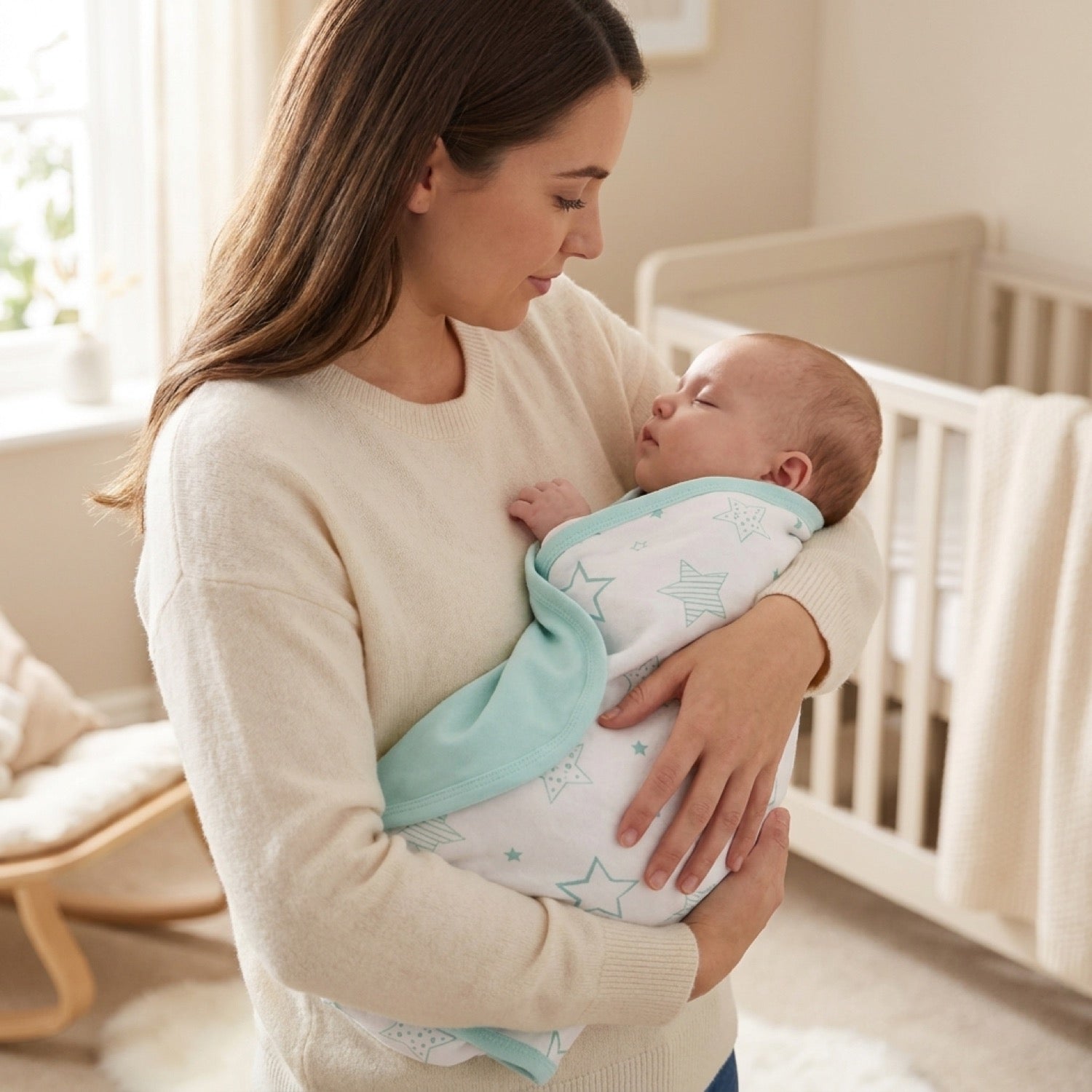 Mamá sosteniendo a su bebé cubierto con la manta de algodón Infanti celeste de estrellas