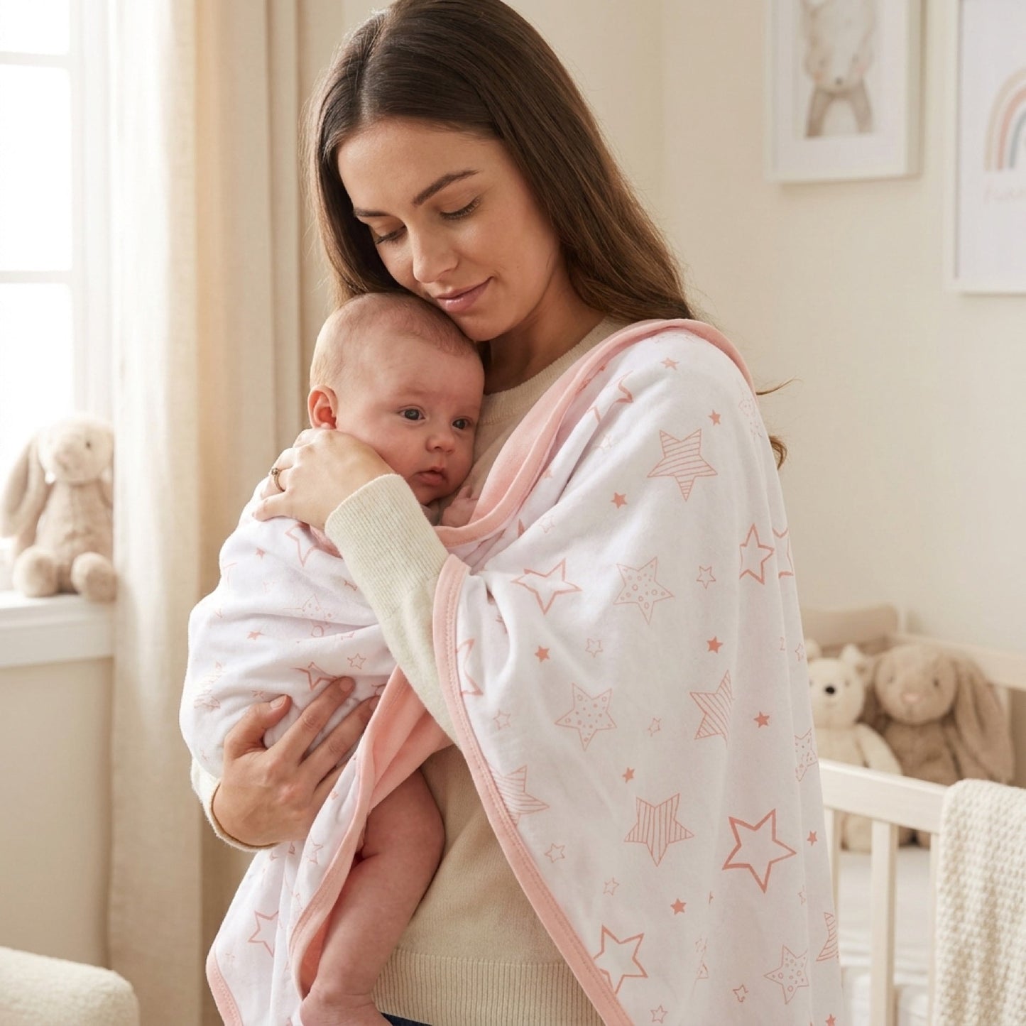Mamá sosteniendo a su bebé cubierto con la manta de algodón Infanti rosada de estrellas
