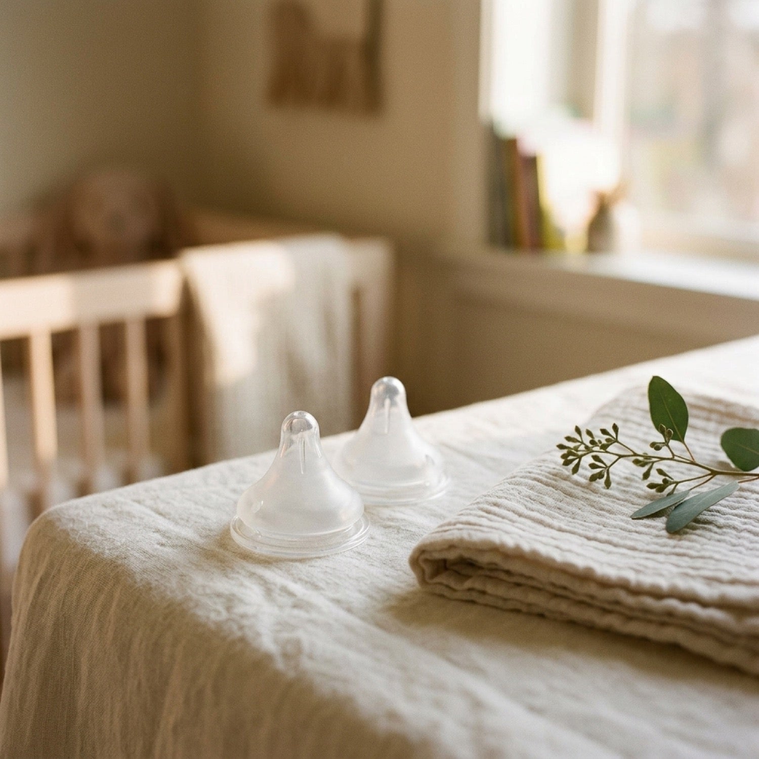 Tetinas NaturalWave Lansinoh sobre textil suave en ambiente de dormitorio
